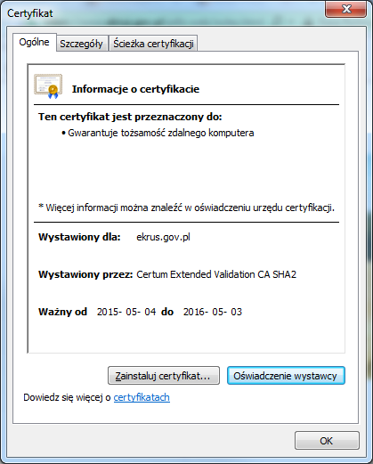 Okno z informacjami o certyfikacie SSL
